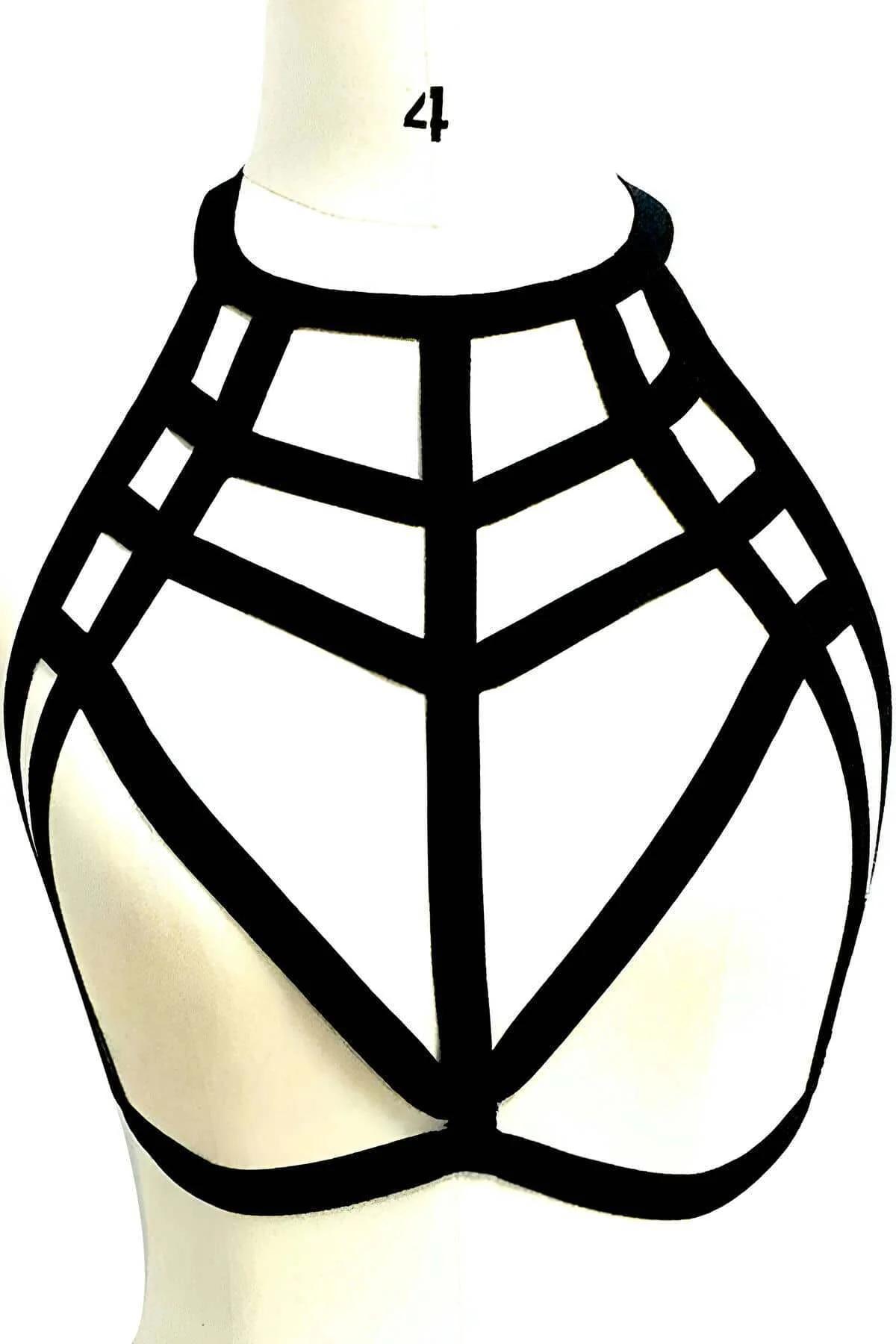 Black flat-band chest harness showing full collarbone and torso coverage in web lattice layout
