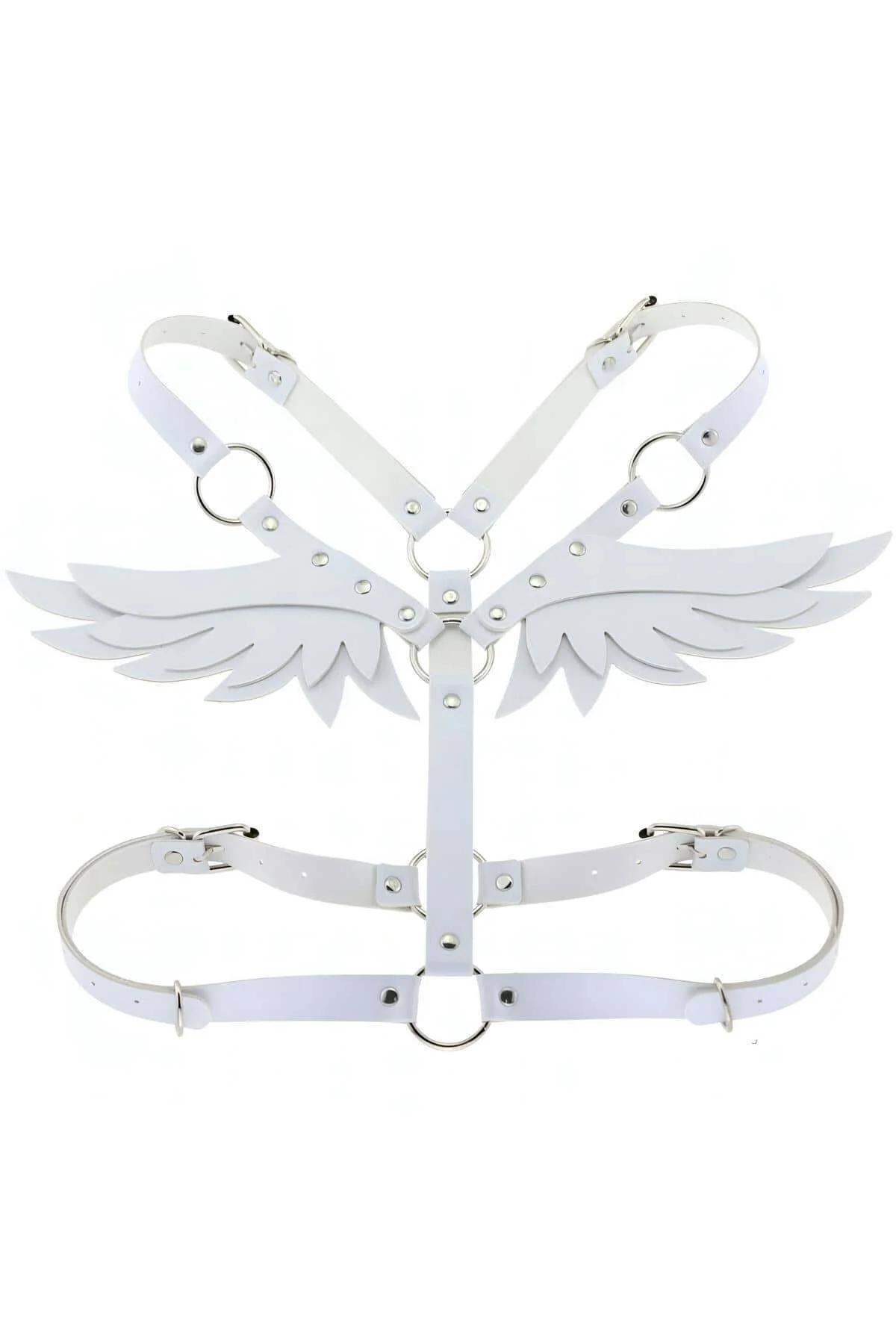 Close-up of die-cut white faux leather feather wing panels with silver O-ring at shoulder junction