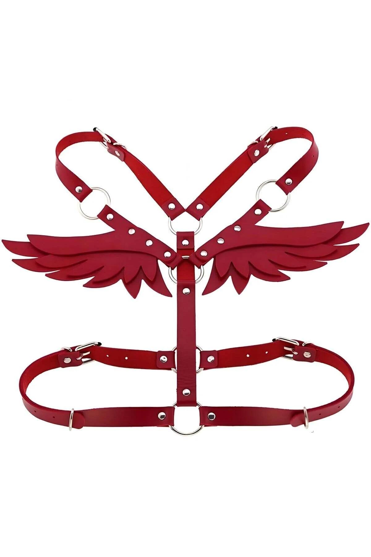 Close-up of red PU faux leather feather wing panels with flat-head silver rivets on shoulder strap