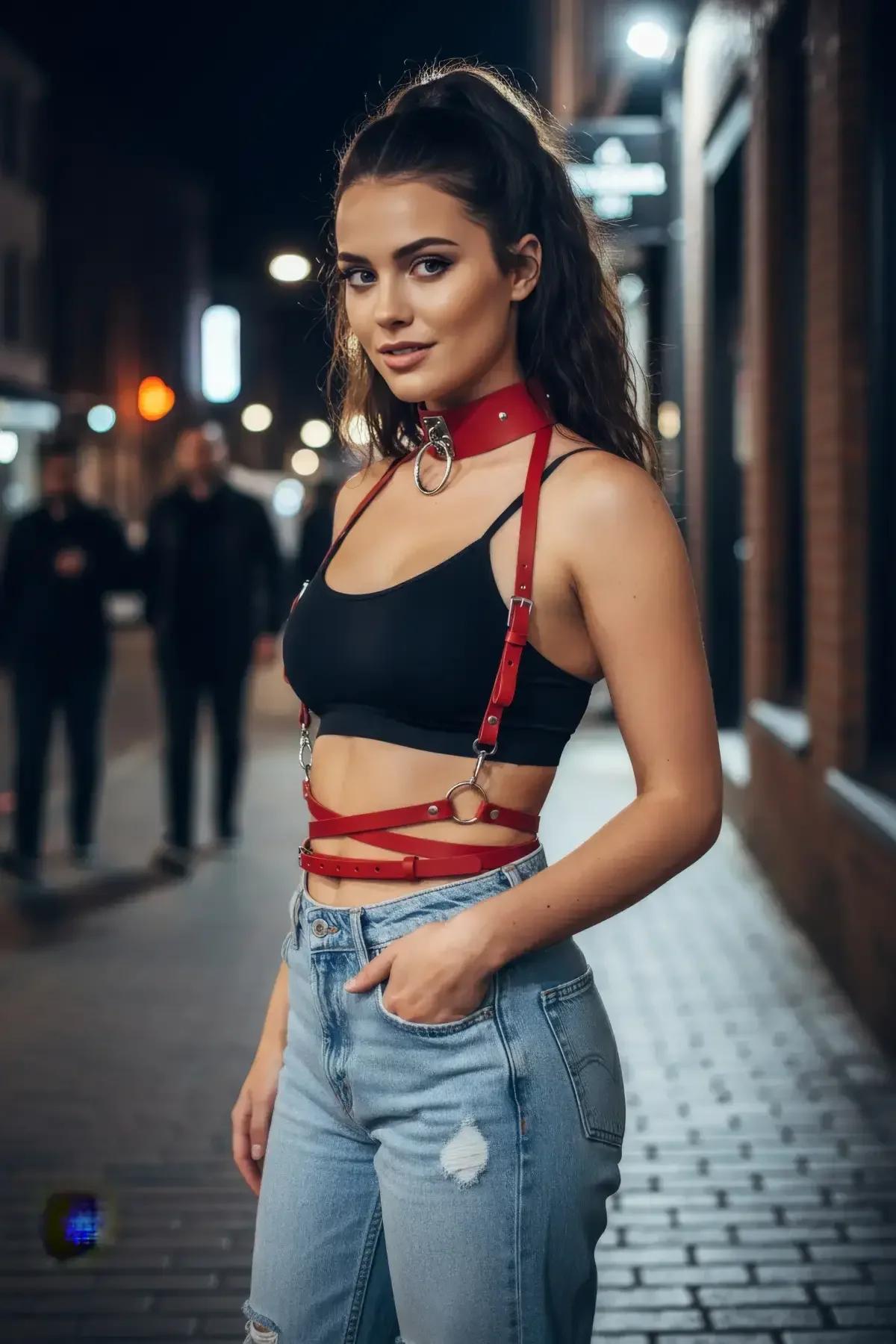 Çapraz bağlamalı kırmızı harness kemeri choker bileşeni metal toka detayı