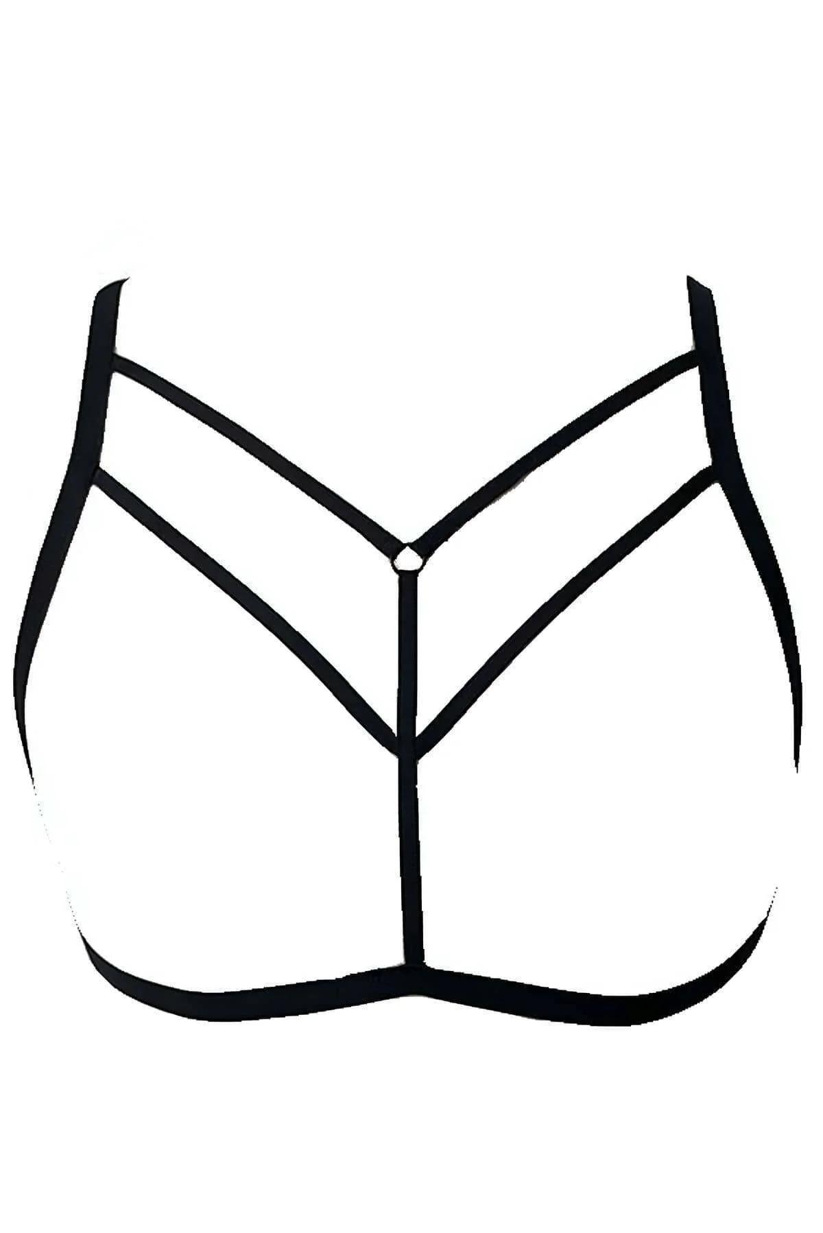 close-up of silver-tone O-ring anchor on black elastic strap chest harness