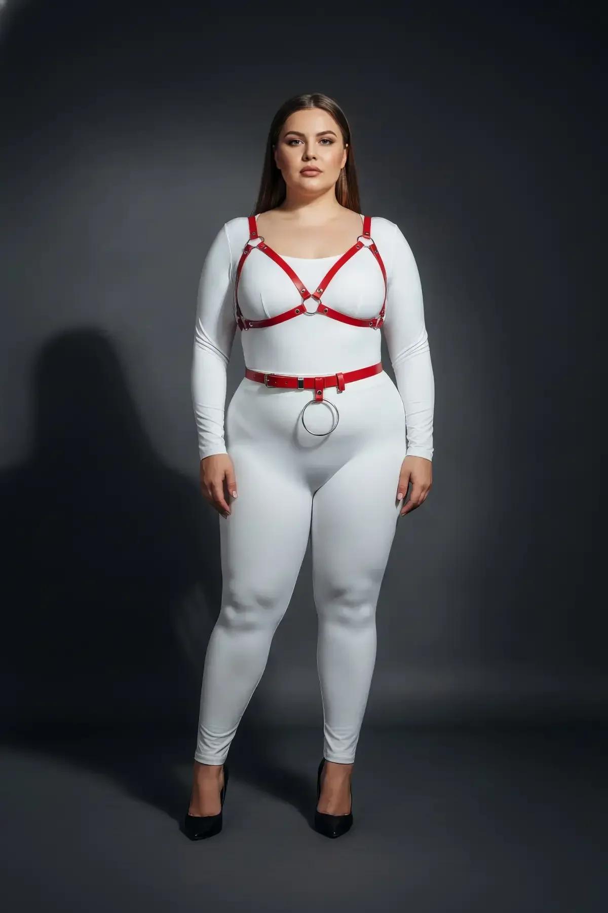 Kırmızı harness takım yakın plan — 1,5 cm kayış genişliği ve metal toka bağlantı noktaları