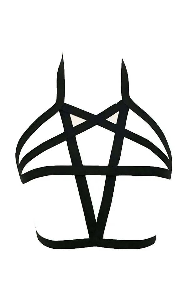 Black elastic chest harness with pentagram star panel and double underband, flat lay on white background