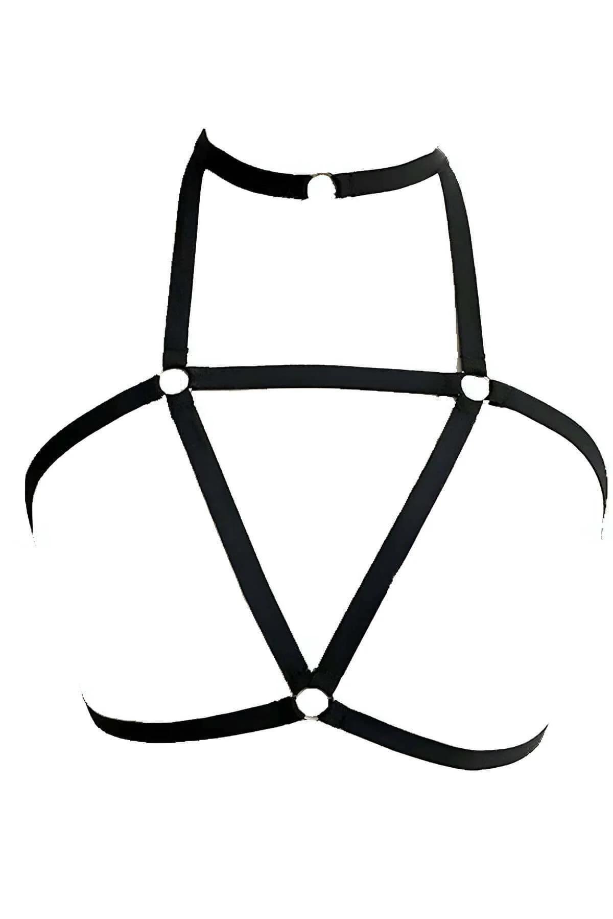 close-up of silver O-ring connectors on black elastic chest harness strap junctions