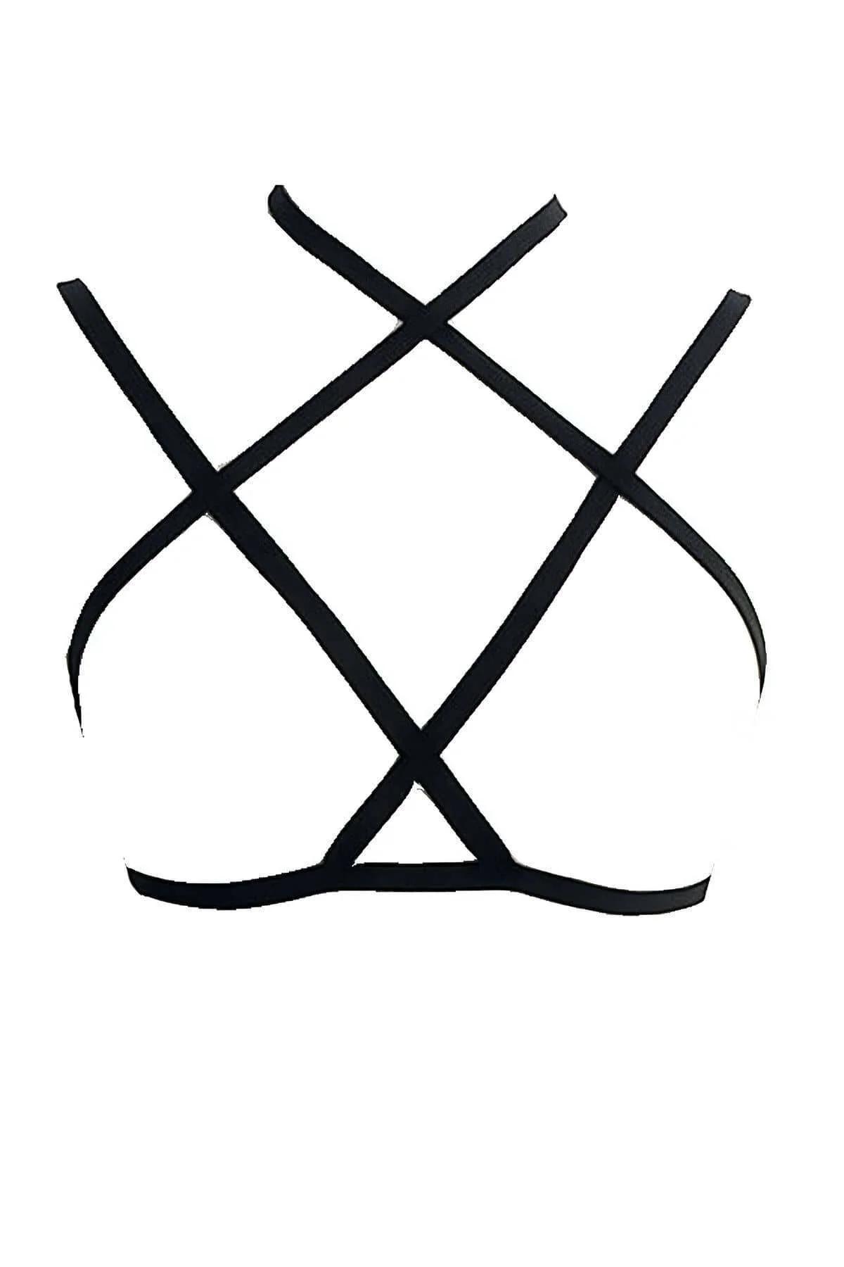 close-up of black polyester-spandex cage harness showing geometric X-cross strap overlap at center chest