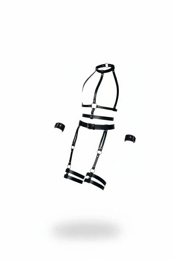 siyah suni deri tam vücut jartiyer harness seti choker göğüs bel bacak bantları ve gümüş o-ring ile