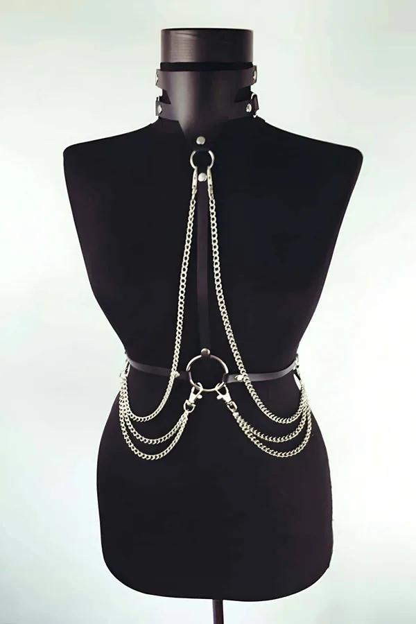 black vegan leather choker chest harness with layered silver chain O-ring detail