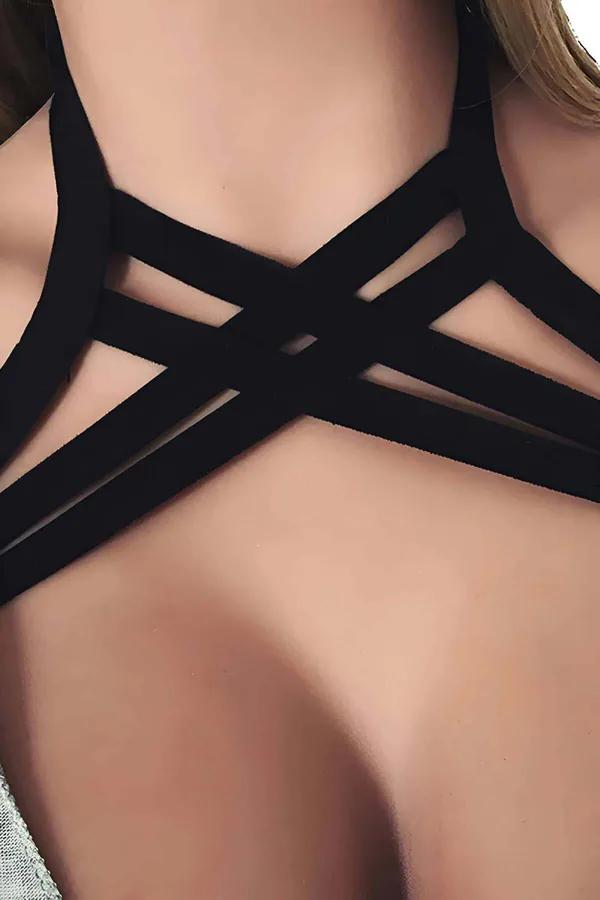 Black lattice harness bra with multiple crossing flat elastic straps forming a geometric grid pattern at center chest