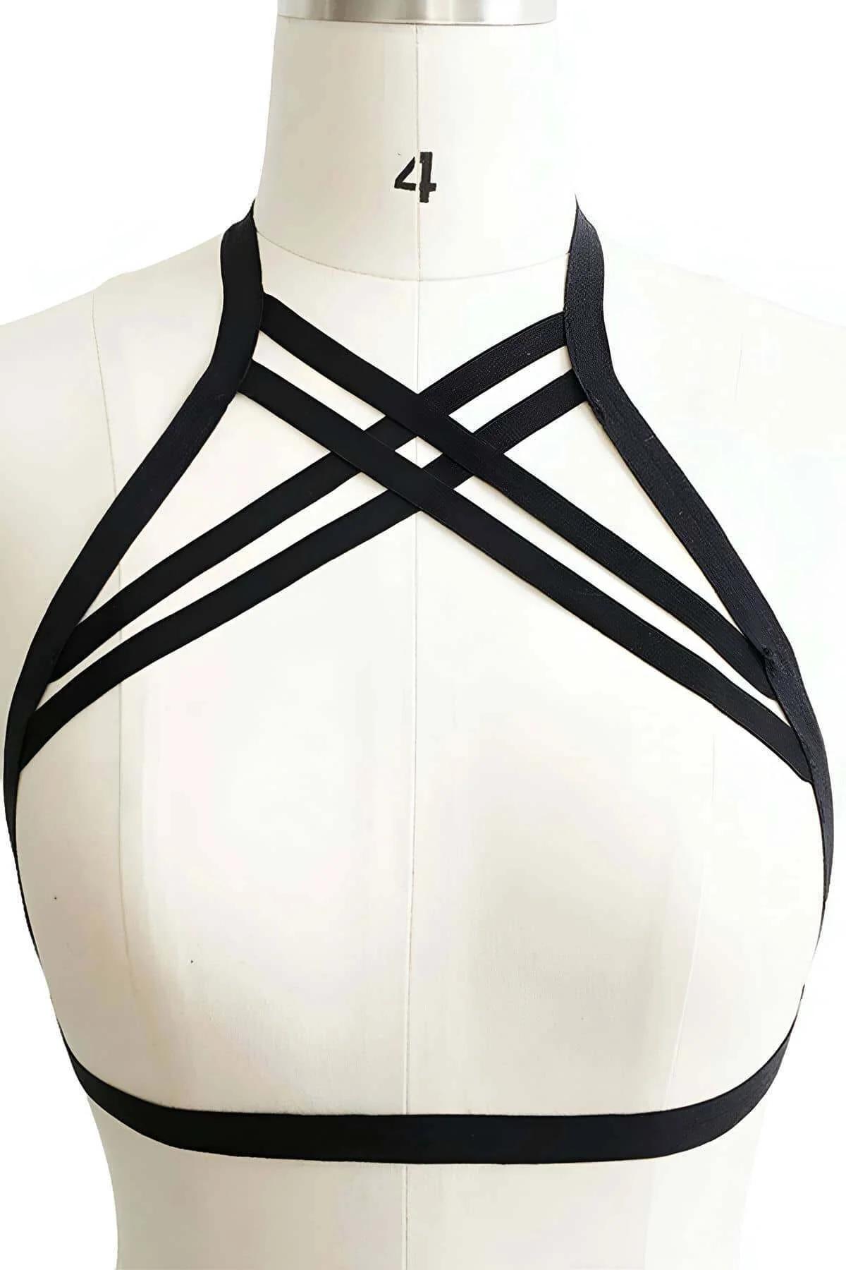 Close-up of black elastic lattice strap pattern showing six overlapping bands at sternum