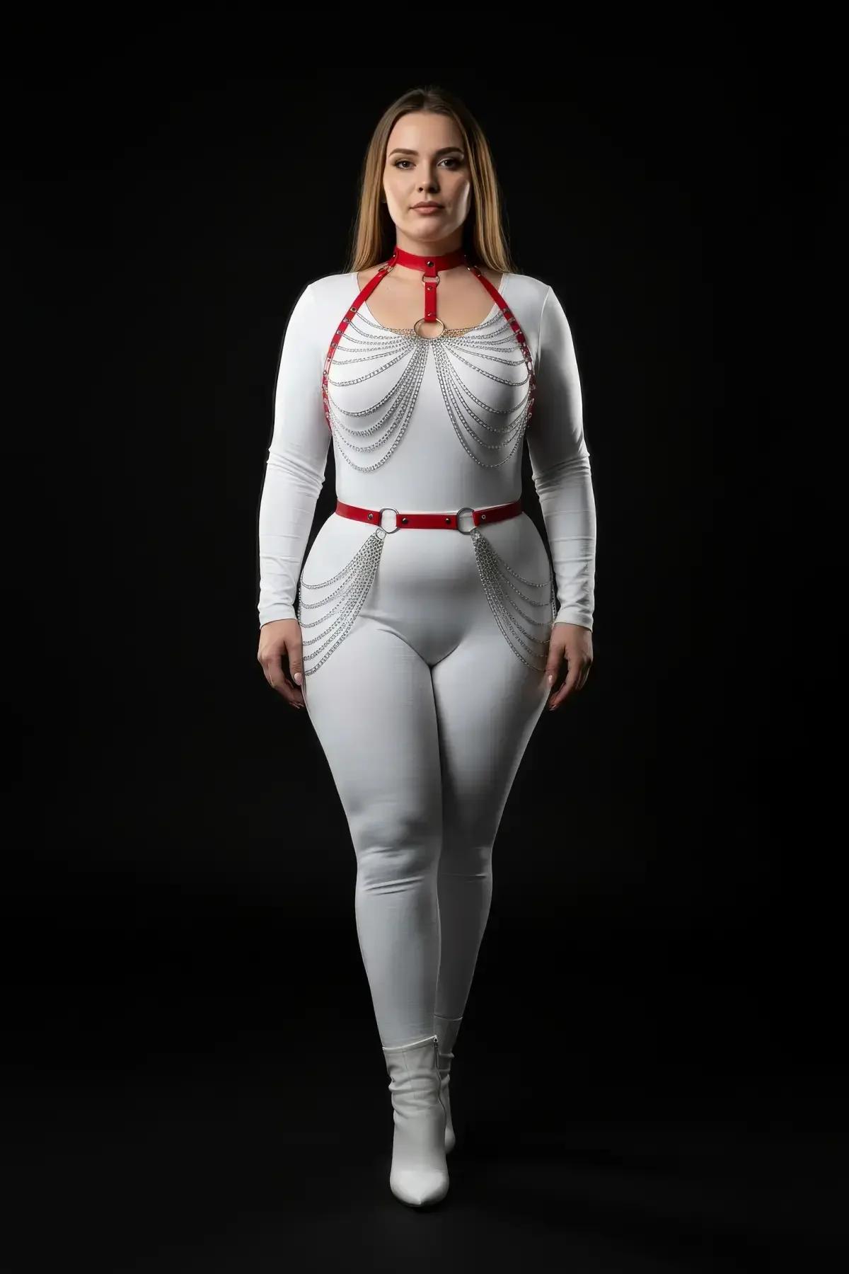 kırmızı PU deri harness göğüs parçası gümüş zincir drape detayı önden görünüm