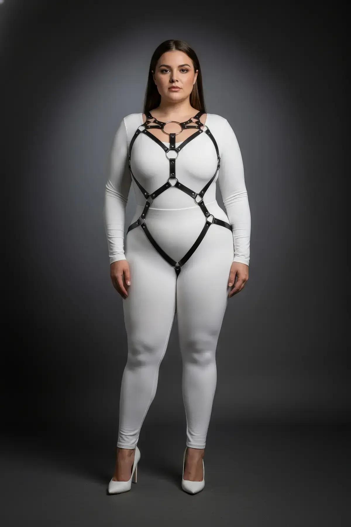 Büyük beden harness takım arka görünüm, siyah kayışlar ve sırt bağlantı noktaları
