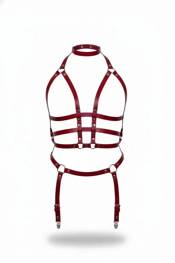 Bordo faux leather vücut harness takımı boyunluk halkası göğüs bantları ve jartiyer klipsleri gümüş toka detaylı