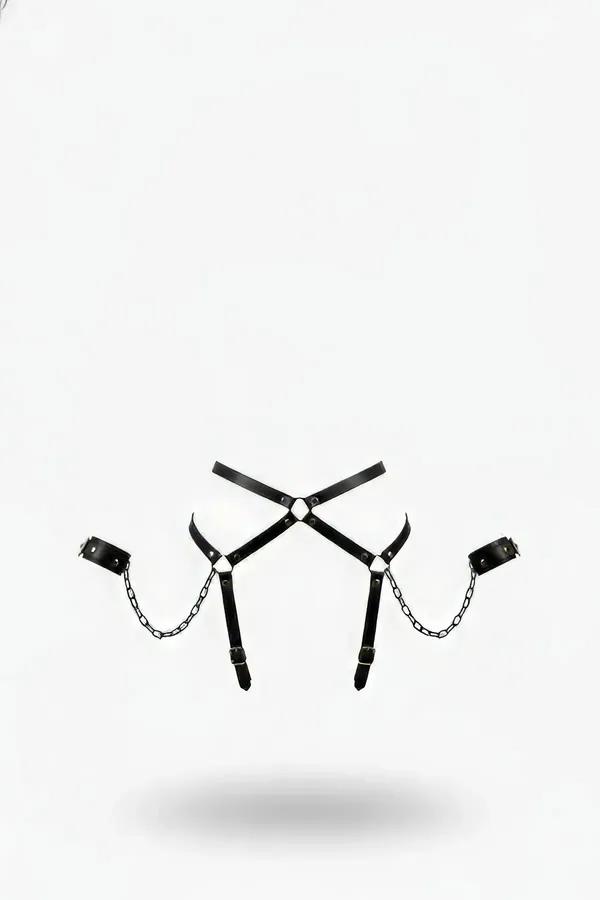 Black faux leather chest harness cross-front X design with silver chain links and detachable wrist cuffs