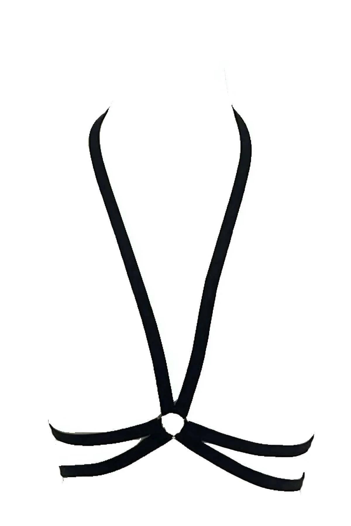 black flat elastic straps adjustable sliders detail on chest harness