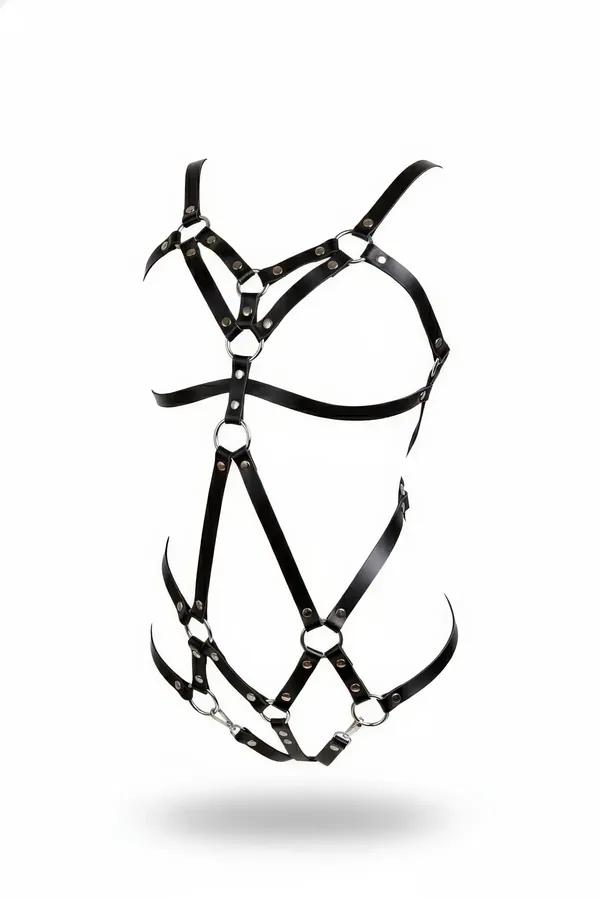 Black faux leather strappy full body harness with five silver O-rings at chest waist and lower hip sections