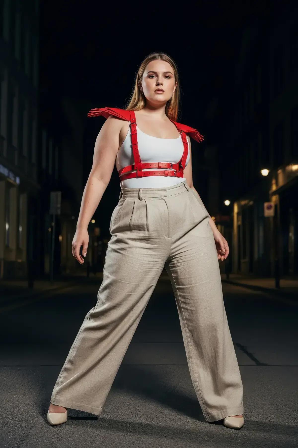 büyük beden kırmızı harness krem bodysuit ve geniş paça pantolon kombininde