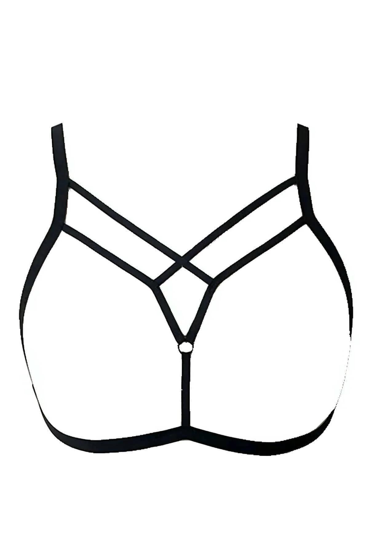 Black strappy chest harness with diagonal crossover strap pattern worn over skin under open black blazer