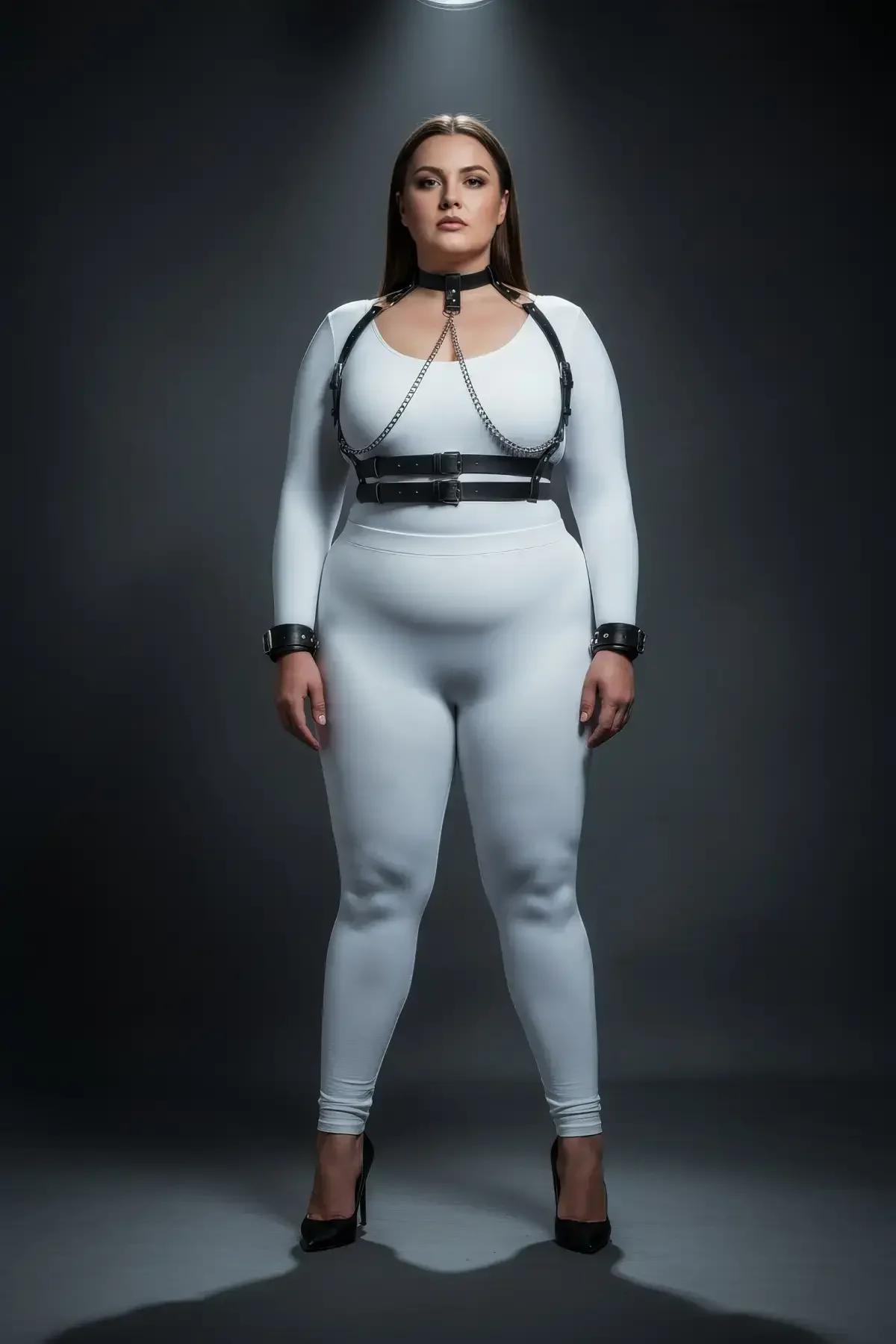 büyük beden siyah harness takım ön görünüm gümüş metal zincir ve çift toka detayı