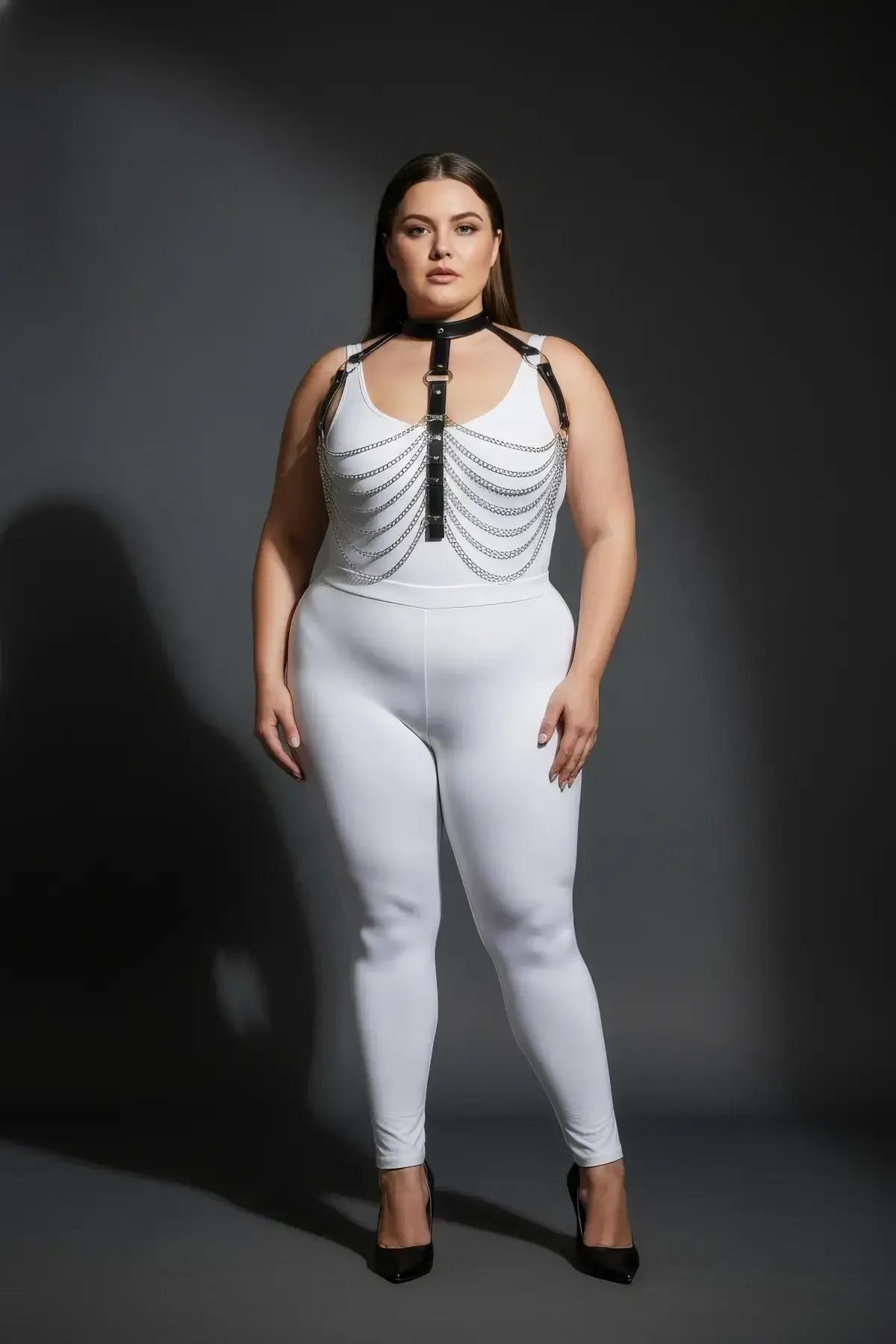 Büyük beden harness takımı ayarlanabilir yaka tokalı siyah vegan deri şerit