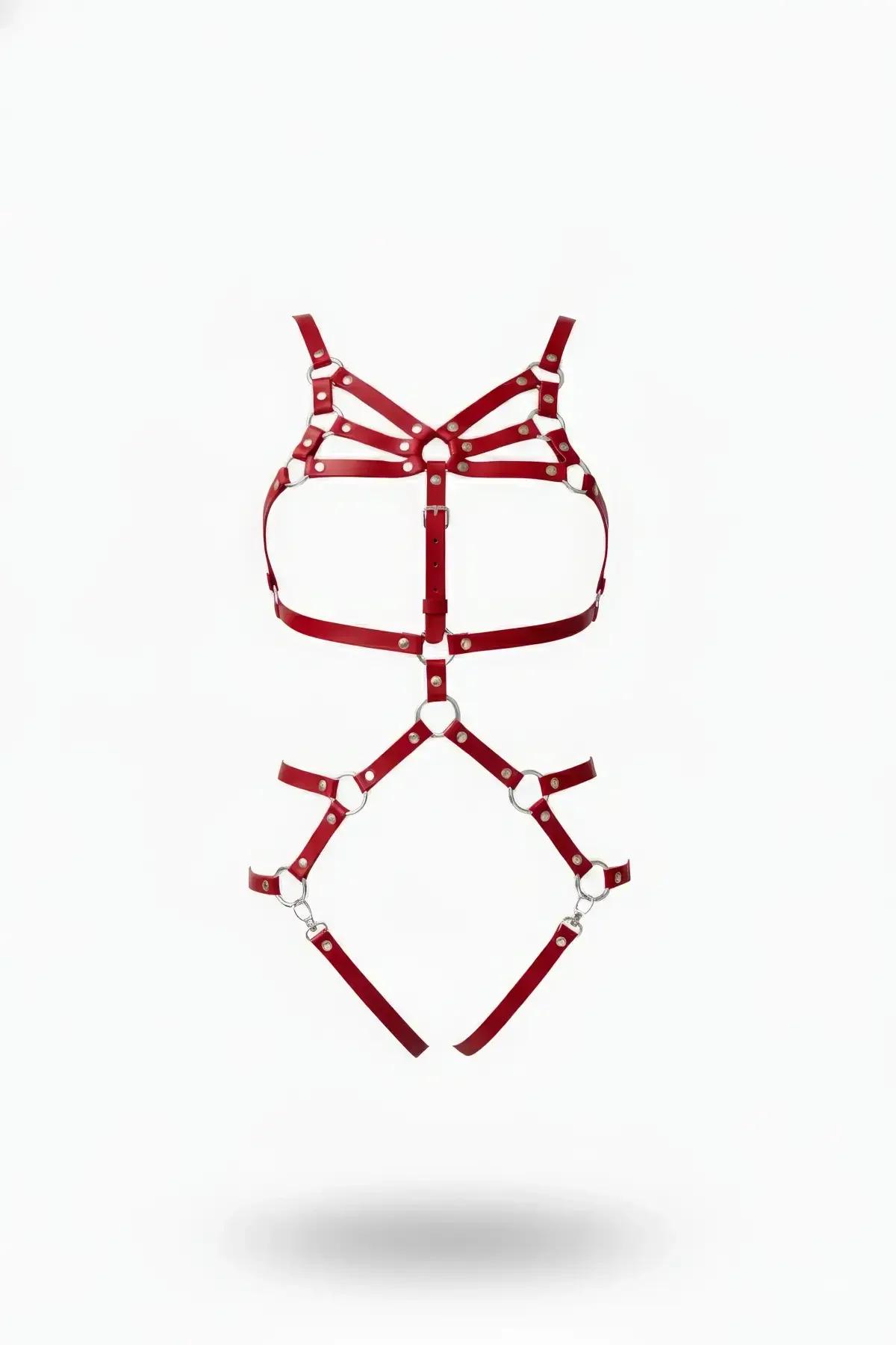 kırmızı faux leather body harness gümüş metal halka detaylı tam vücut çerçeveli bant yapısı