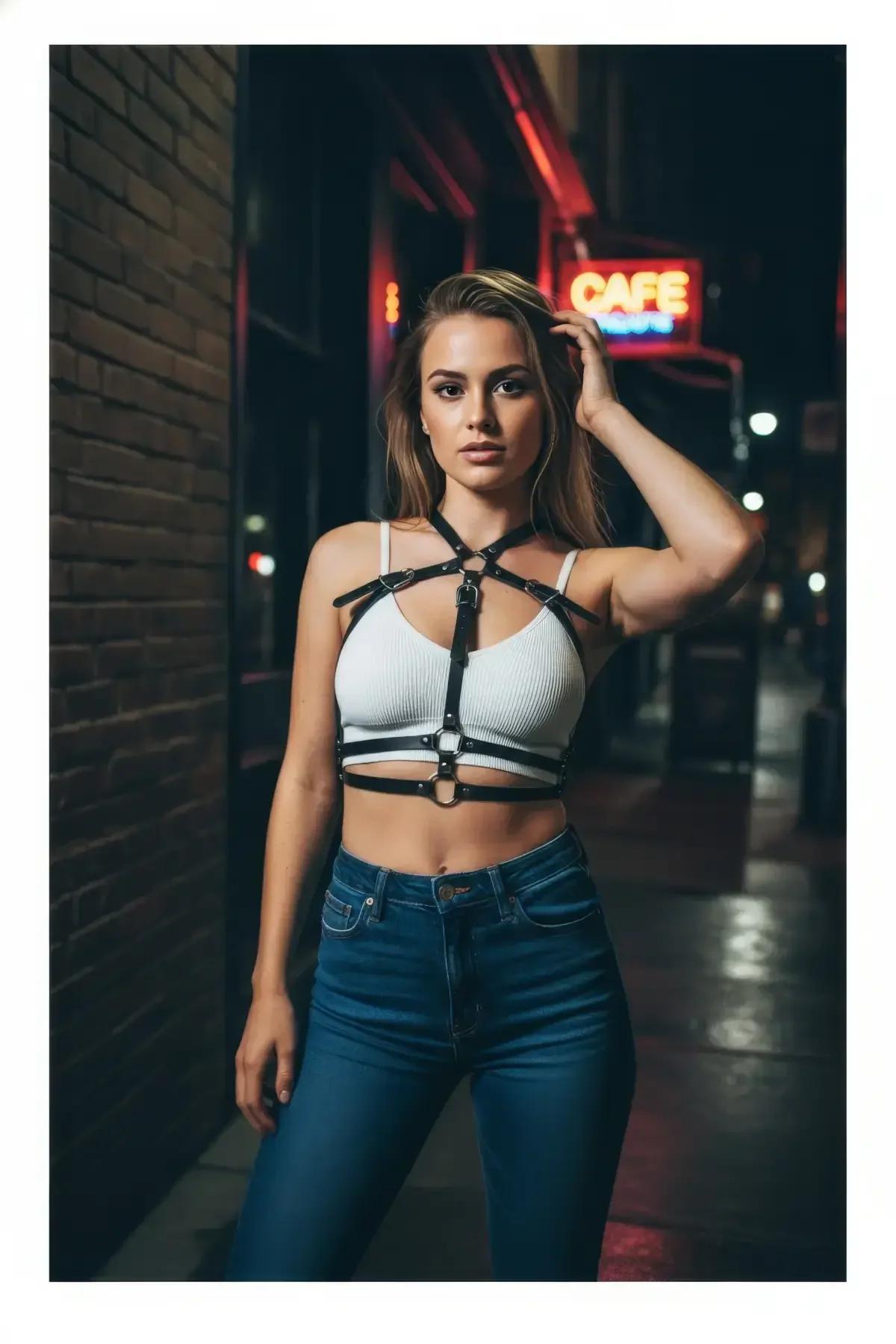 beyaz crop t-shirt üzerine giyilmiş siyah çoklu şeritli harness kemer sokak stili