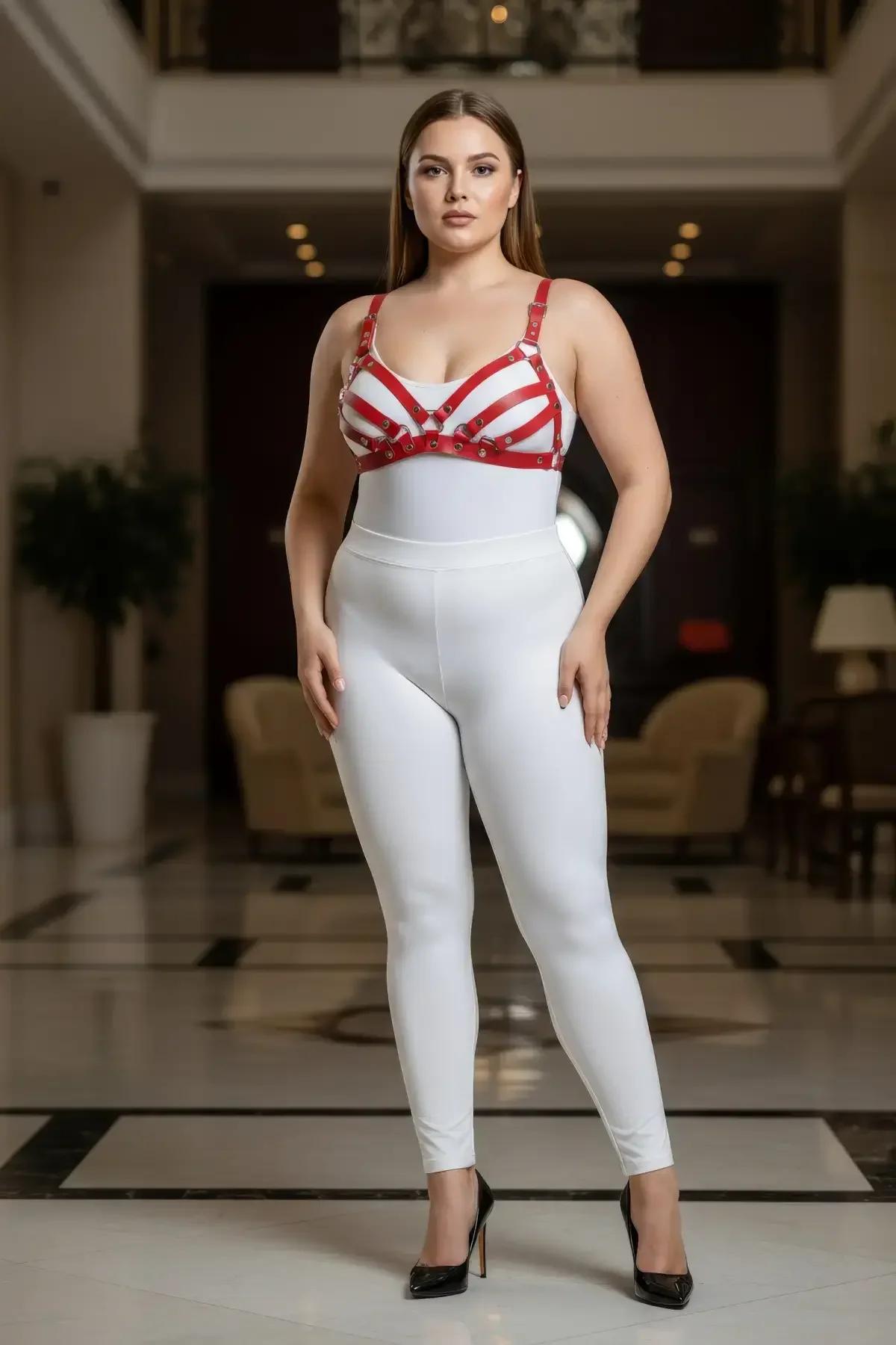 kırmızı deri sütyen harness beyaz tayt kombinasyonu boudoir tarz tam boy görünüm