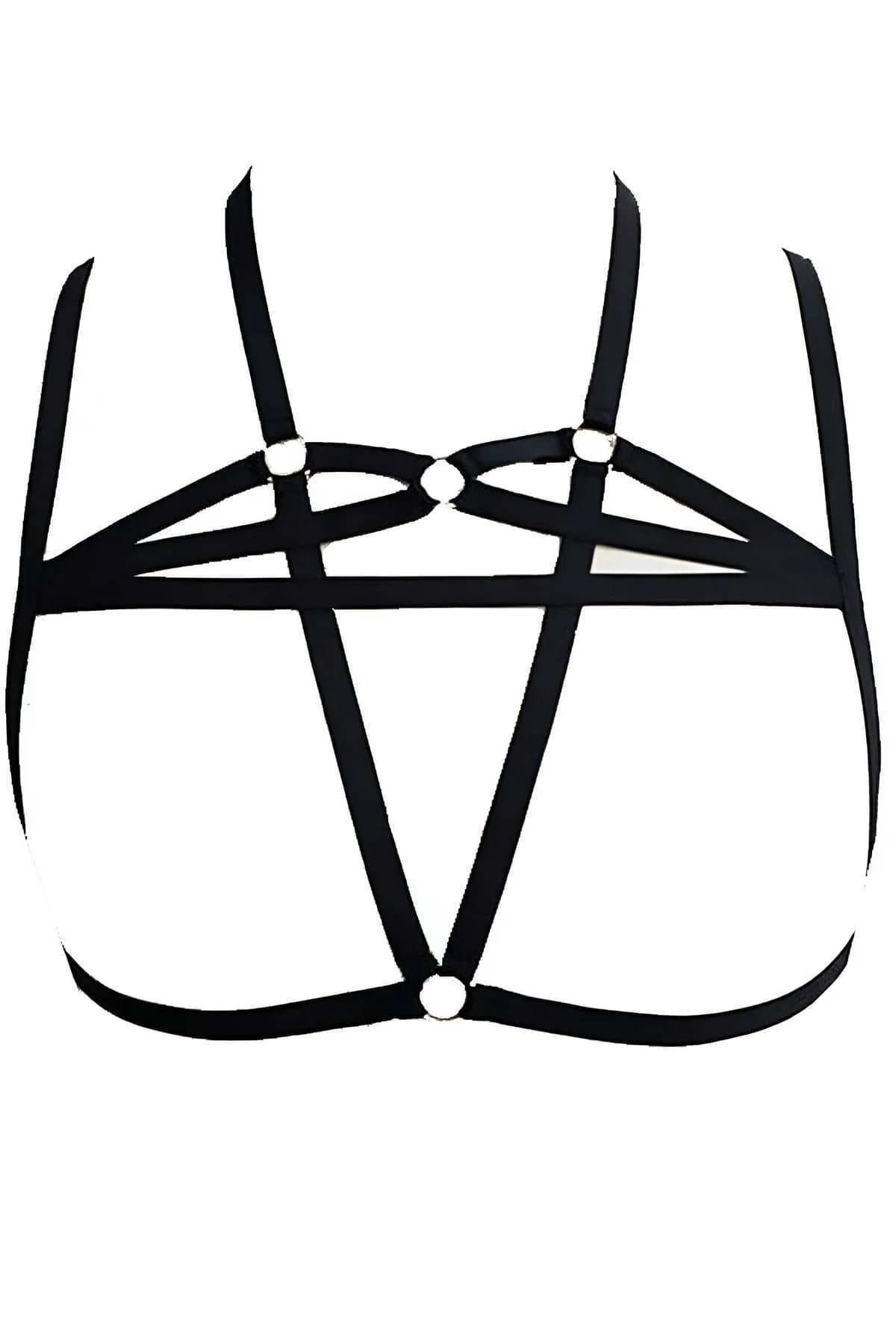 Black starburst body harness worn over bare skin showing full five-point strap geometry