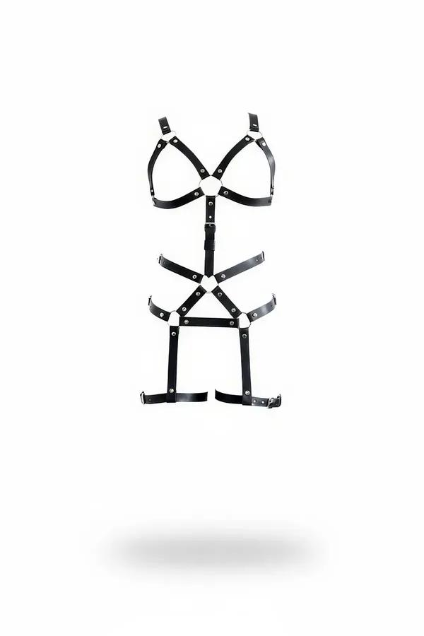 Black faux leather full body harness with cage bra top, X-cross waist panel, and adjustable garter straps with silver O-rings