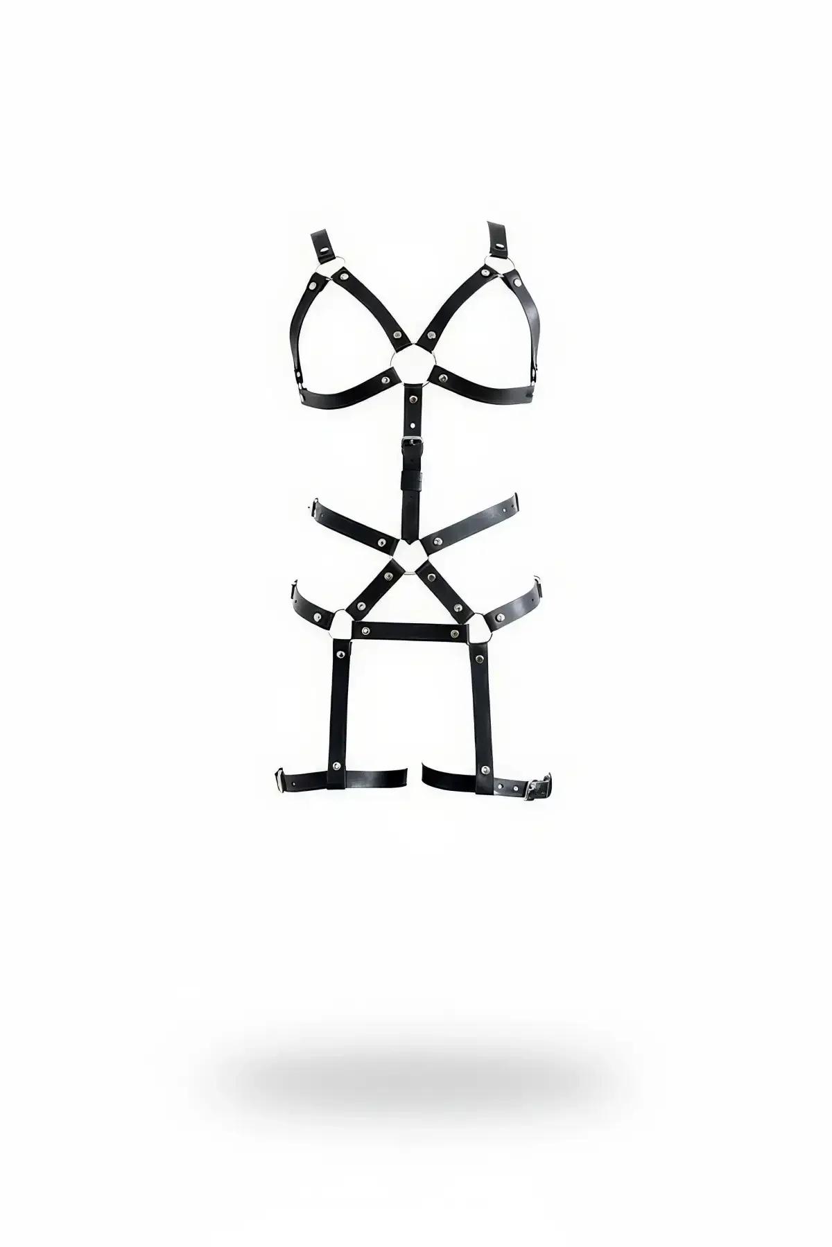 siyah suni deri tam vücut jartiyer harness gümüş metal toka ve uyluk bantlı ön görünüm