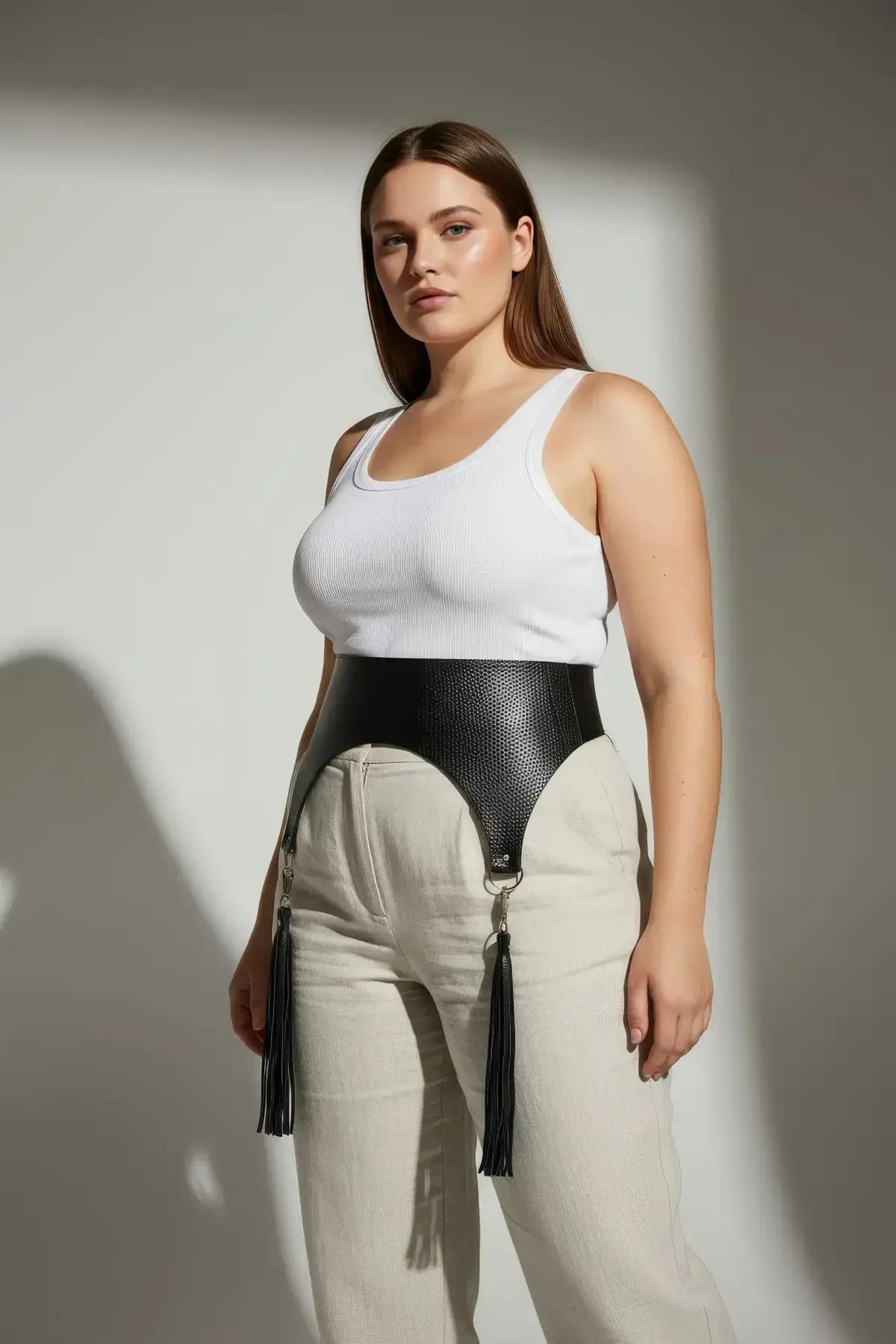 siyah dokulu kemer bel çevresi 100 cm büyük beden yan profil görünümü