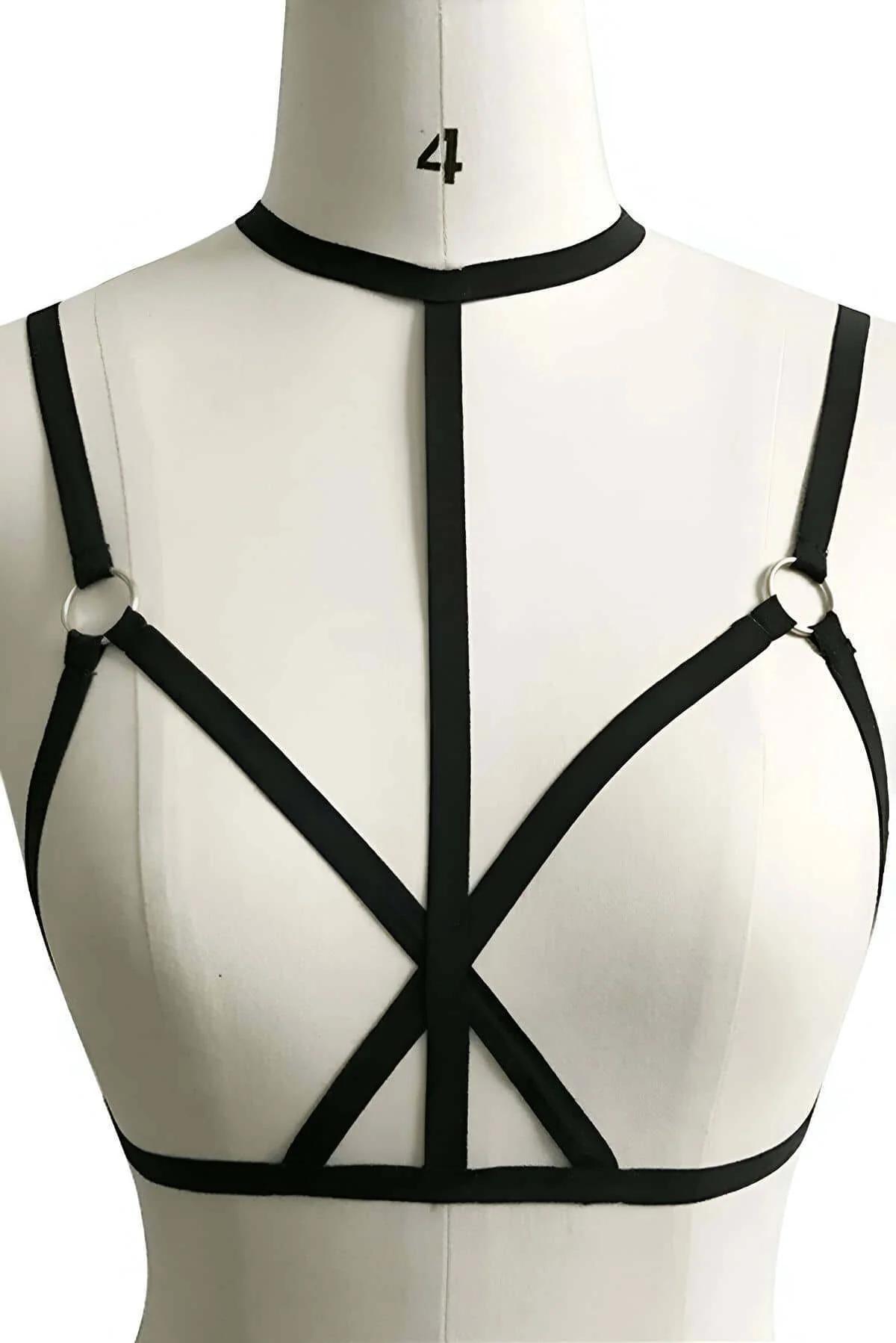 side angle black elastic cage harness with vertical center strap and choker collar