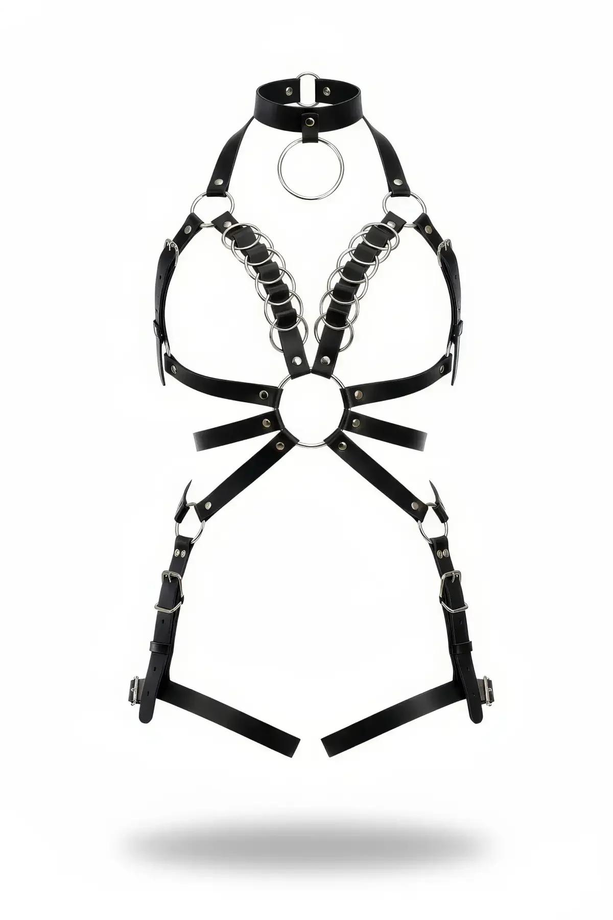siyah vegan deri harness takım boyunluklu gümüş metal O-halka detaylı tek parça bant tasarım