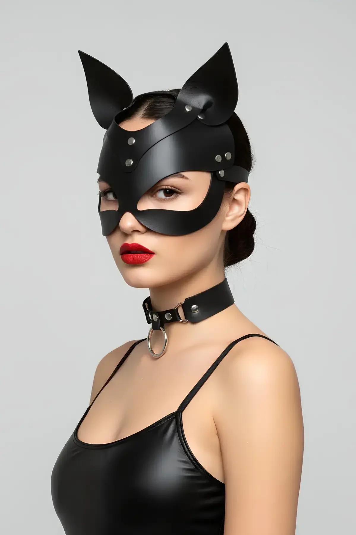 Faux Leather Cat Mask with O-Ring Choker
