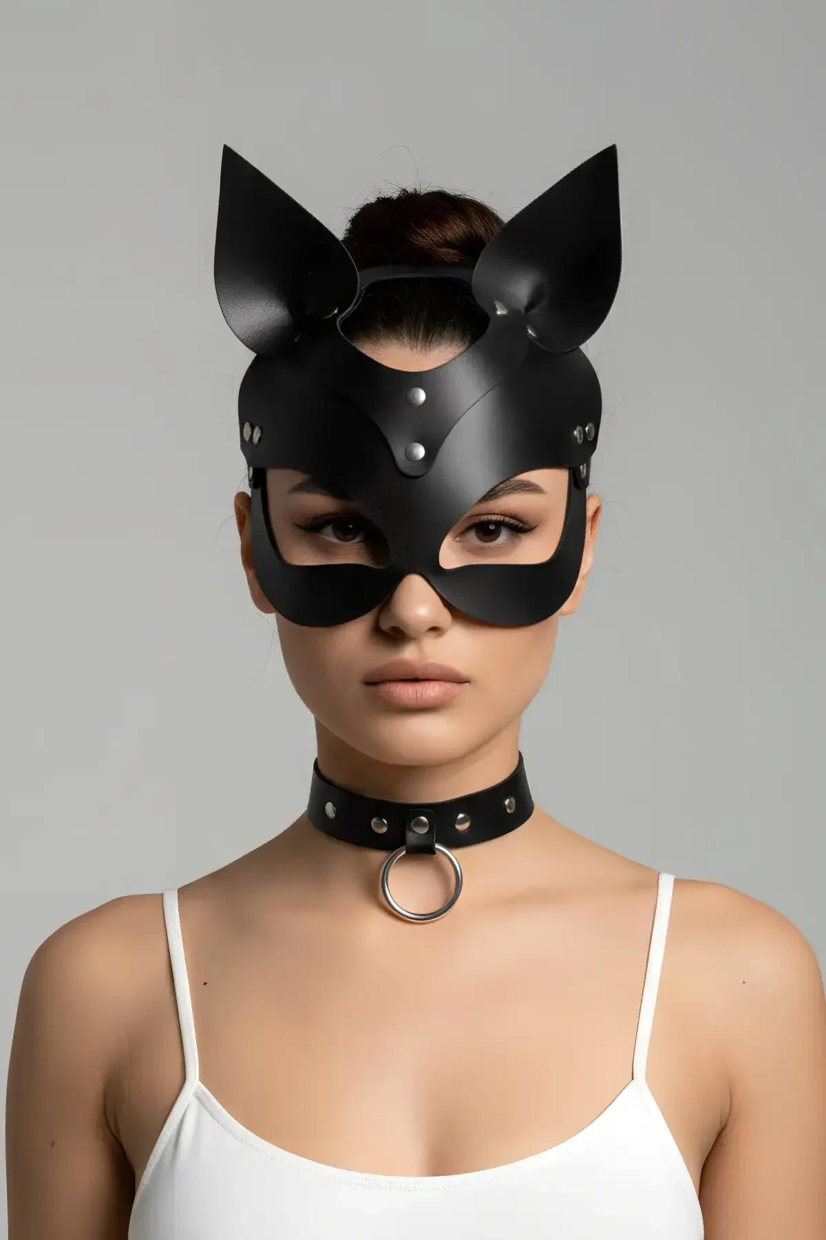 Faux Leather Cat Mask with O-Ring Choker