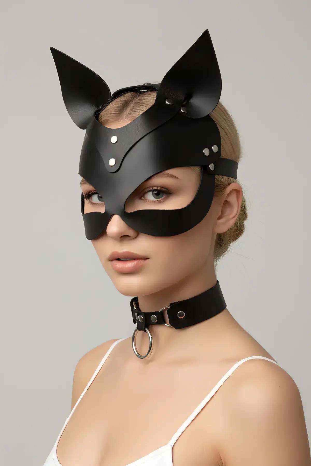 Faux Leather Cat Mask with O-Ring Choker