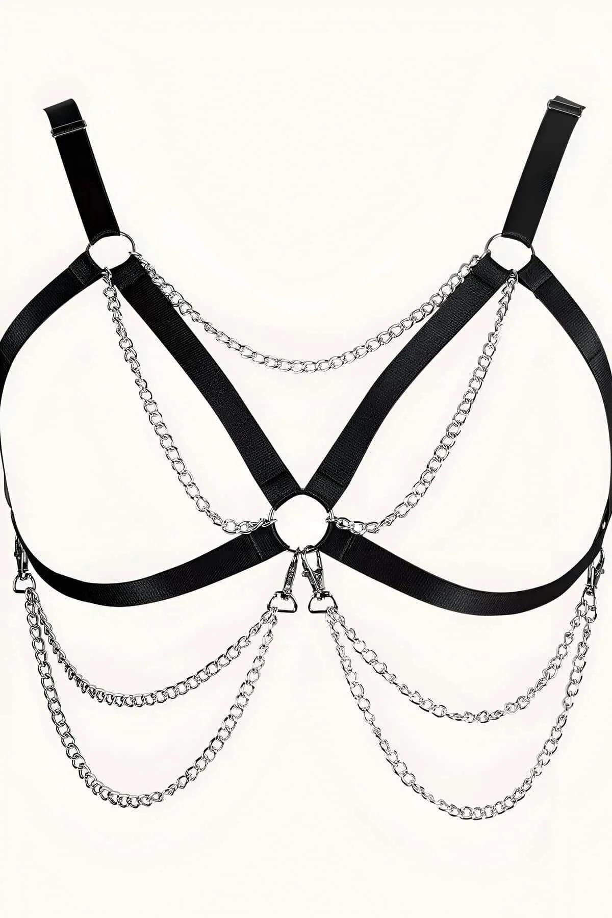 Front close-up of black faux leather harness showing three silver curb-link chain rows and lobster-hook clasps