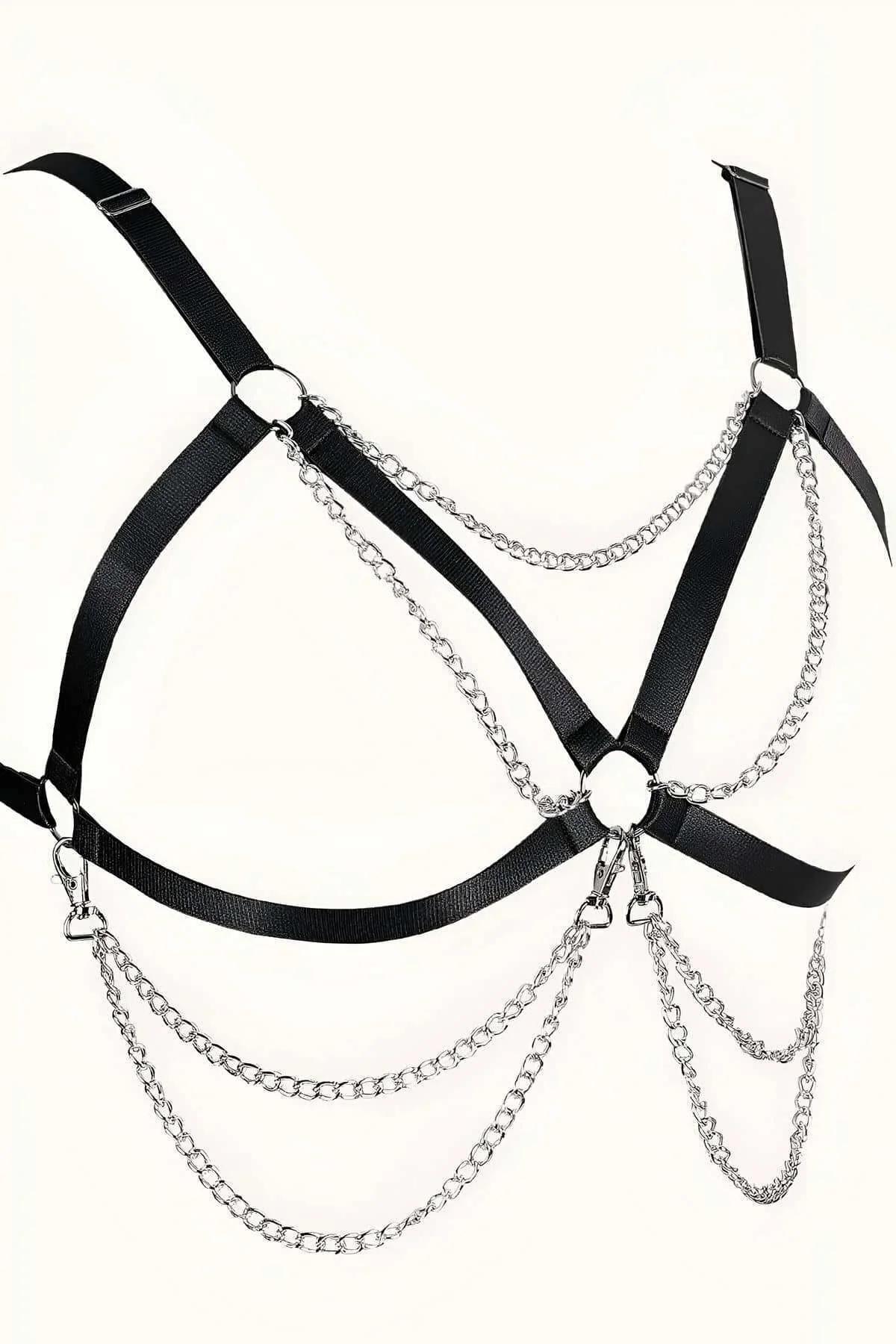 Black elastic harness with silver O-ring at center chest and two shoulder strap connectors