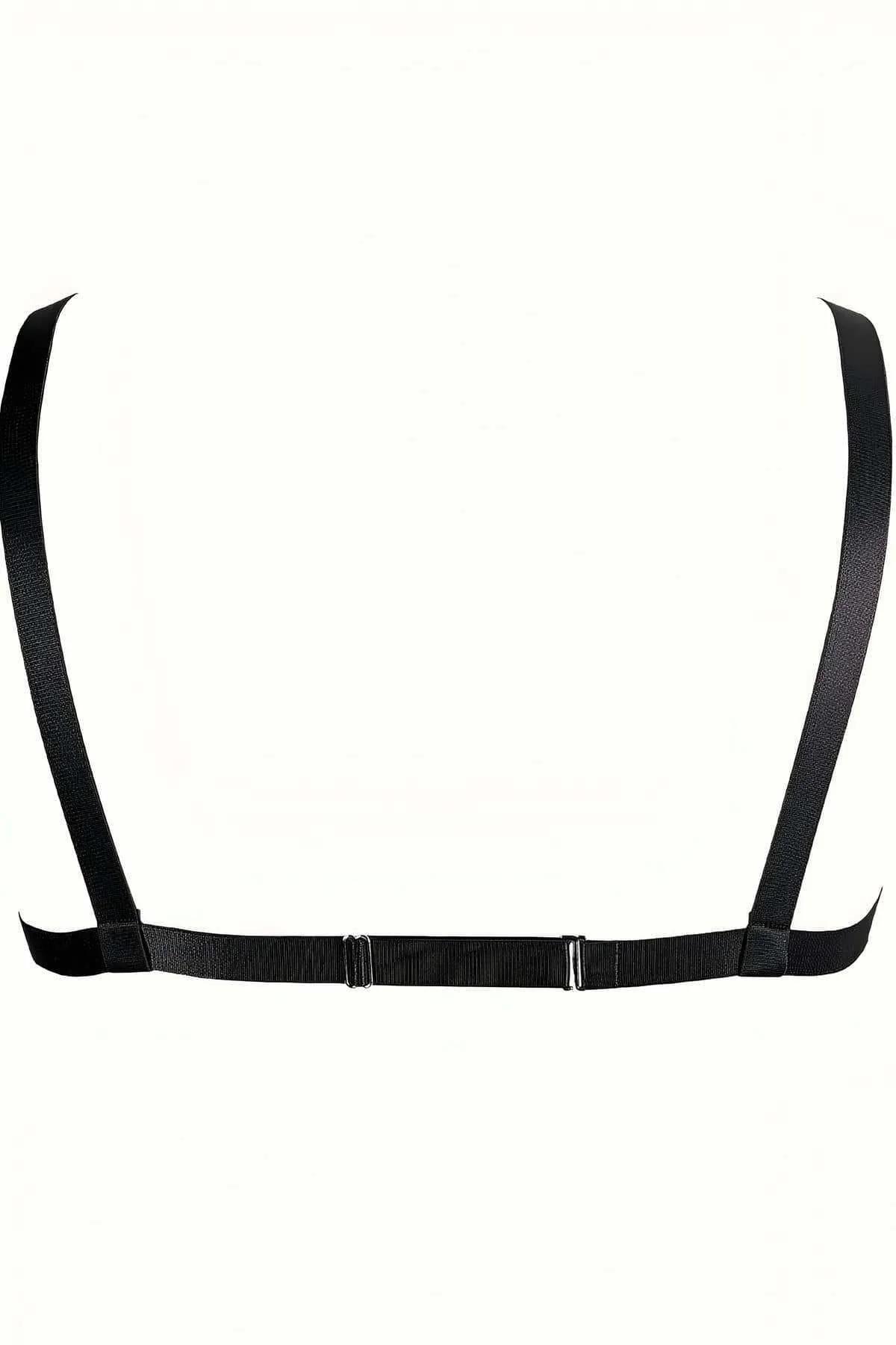Detail view of silver-tone zinc-alloy chain links draped across lower chest harness band