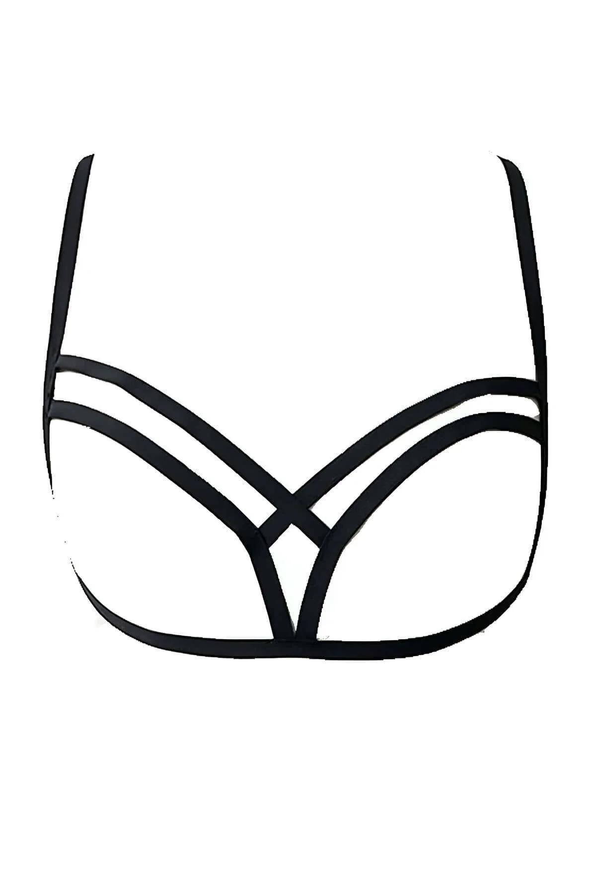 close-up of double V-wire center-cross construction on black elastic harness bralette