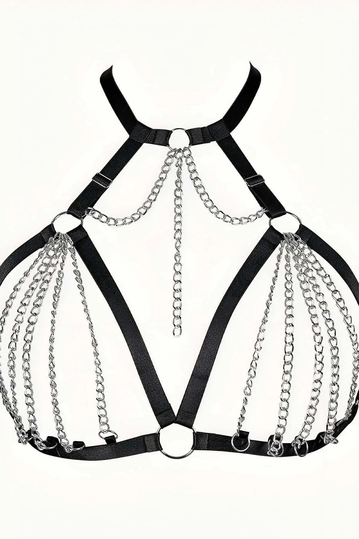 front view of black chest harness showing adjustable shoulder straps and center vertical chain drop detail