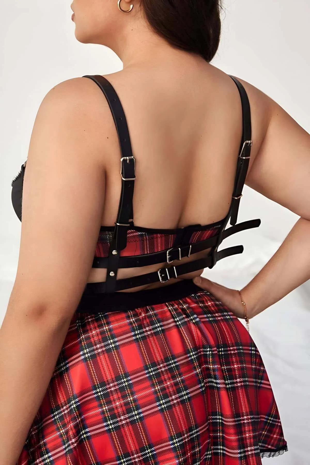 adjustable black faux leather shoulder straps with rivet studs and buckle sliders
