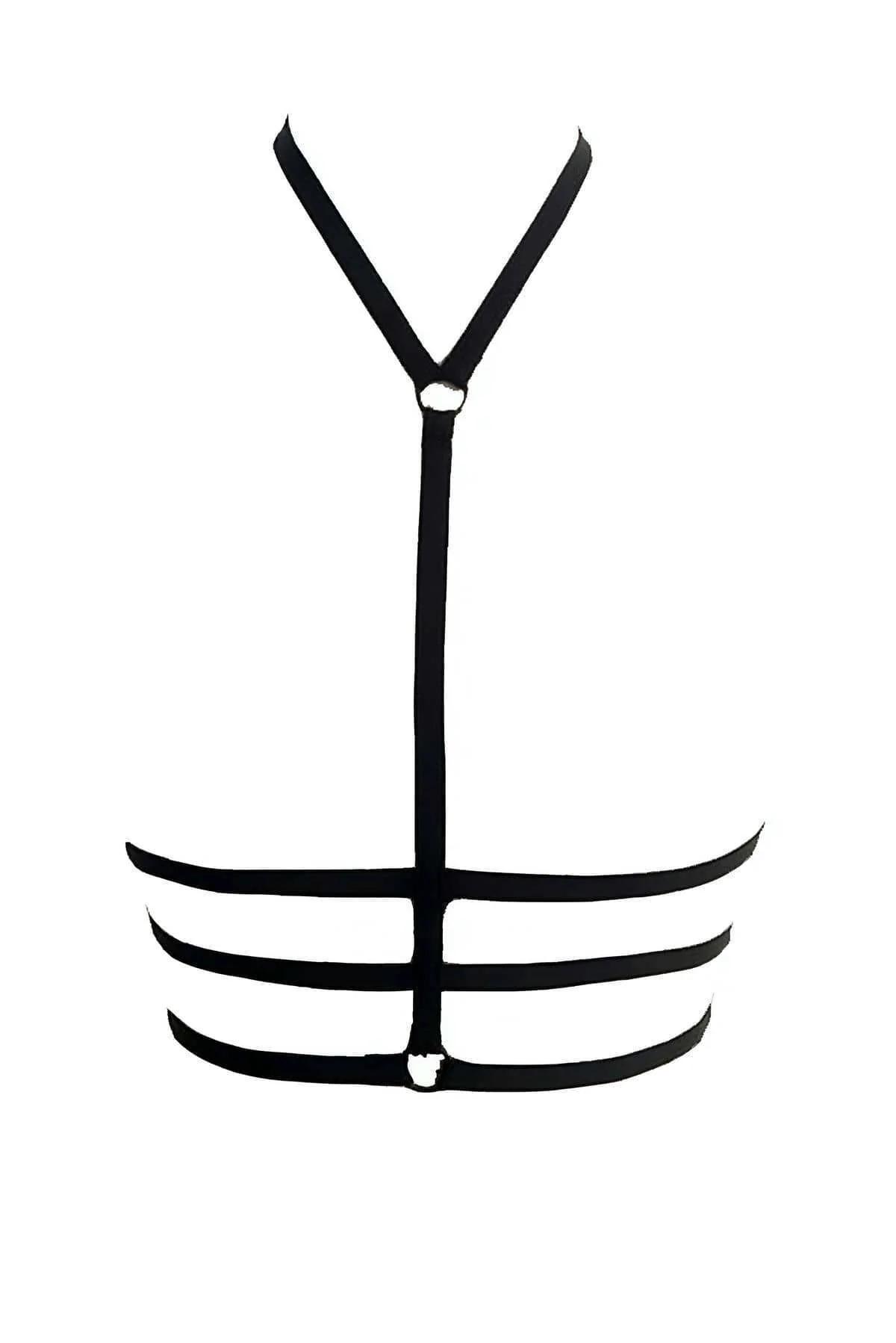 Side angle of black strappy chest harness showing strap width and elastic band spacing