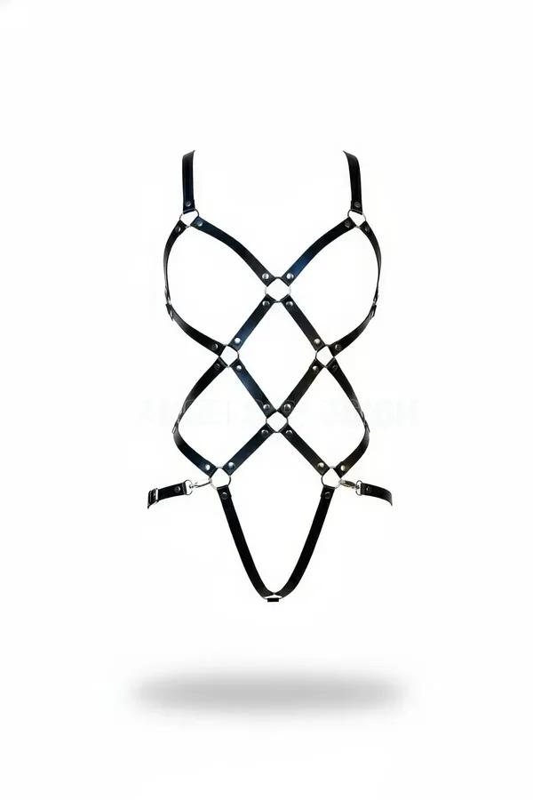 Siyah faux deri kafes body harness tam vücut aksesuar gümüş metal halka bağlantı noktaları