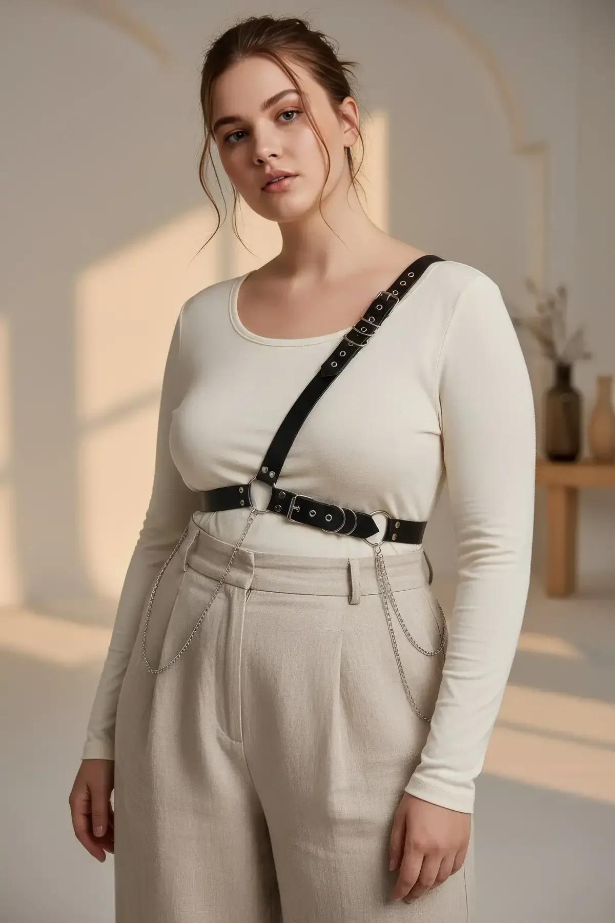 zincir detaylı siyah body harness 70-110 cm bel ayarlı kemer ön profil