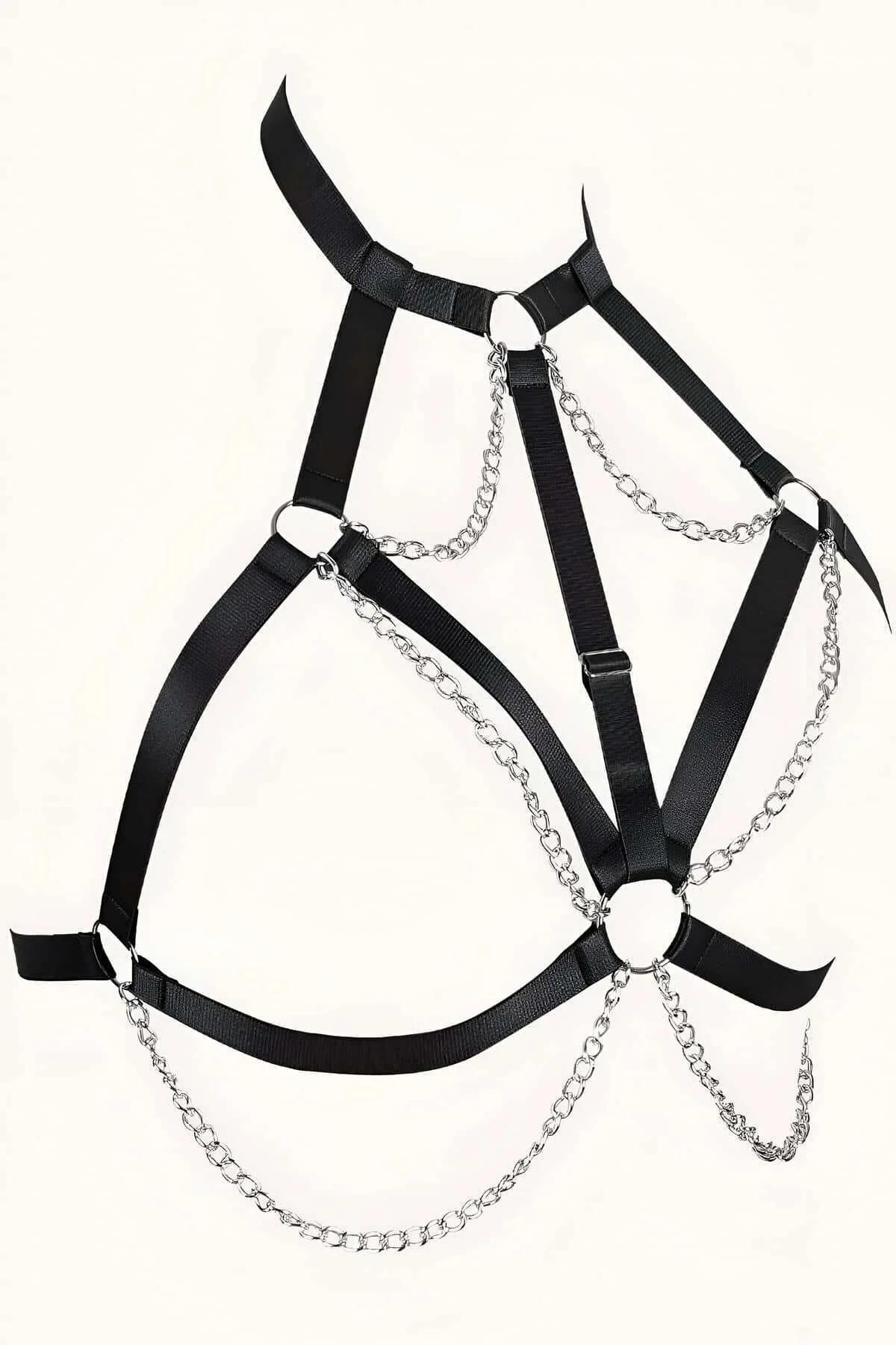 Black chest harness with five rows of draped silver chains viewed from front on model