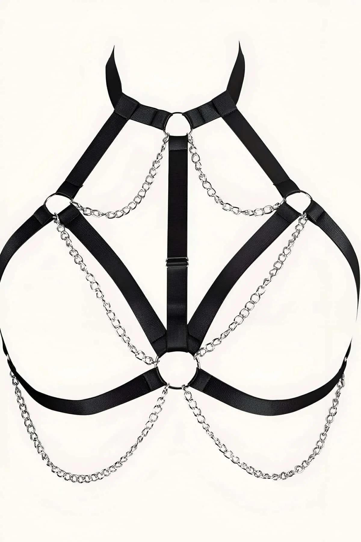 Detachable silver chain loops removed showing minimal black elastic strap harness configuration