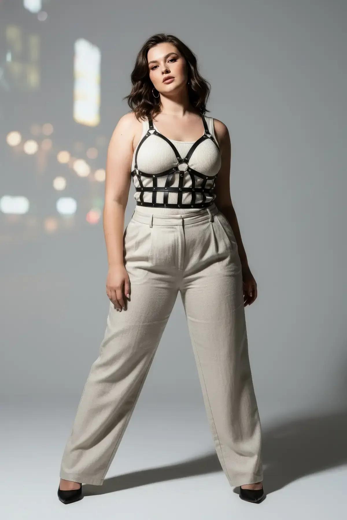 siyah vegan deri harness bel ve göğüs şerit yapısı plus size uyumlu