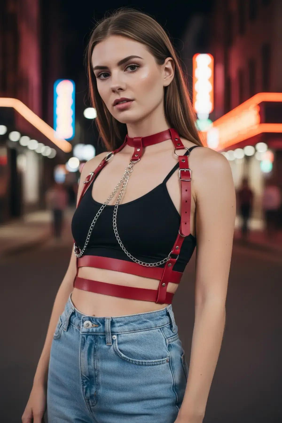 Kırmızı zincirli body harness yüksek belli kot kombinasyonu tam vücut görünüm
