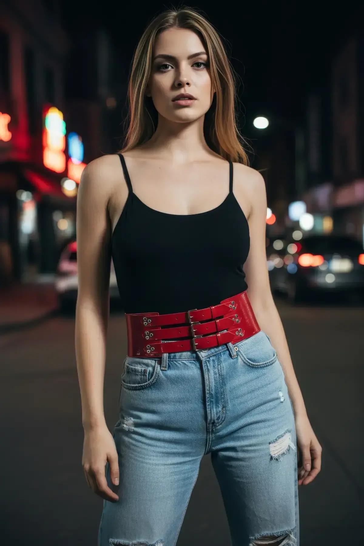 Mat kırmızı faux leather bel aksesuarı toka sırası yakın çekim