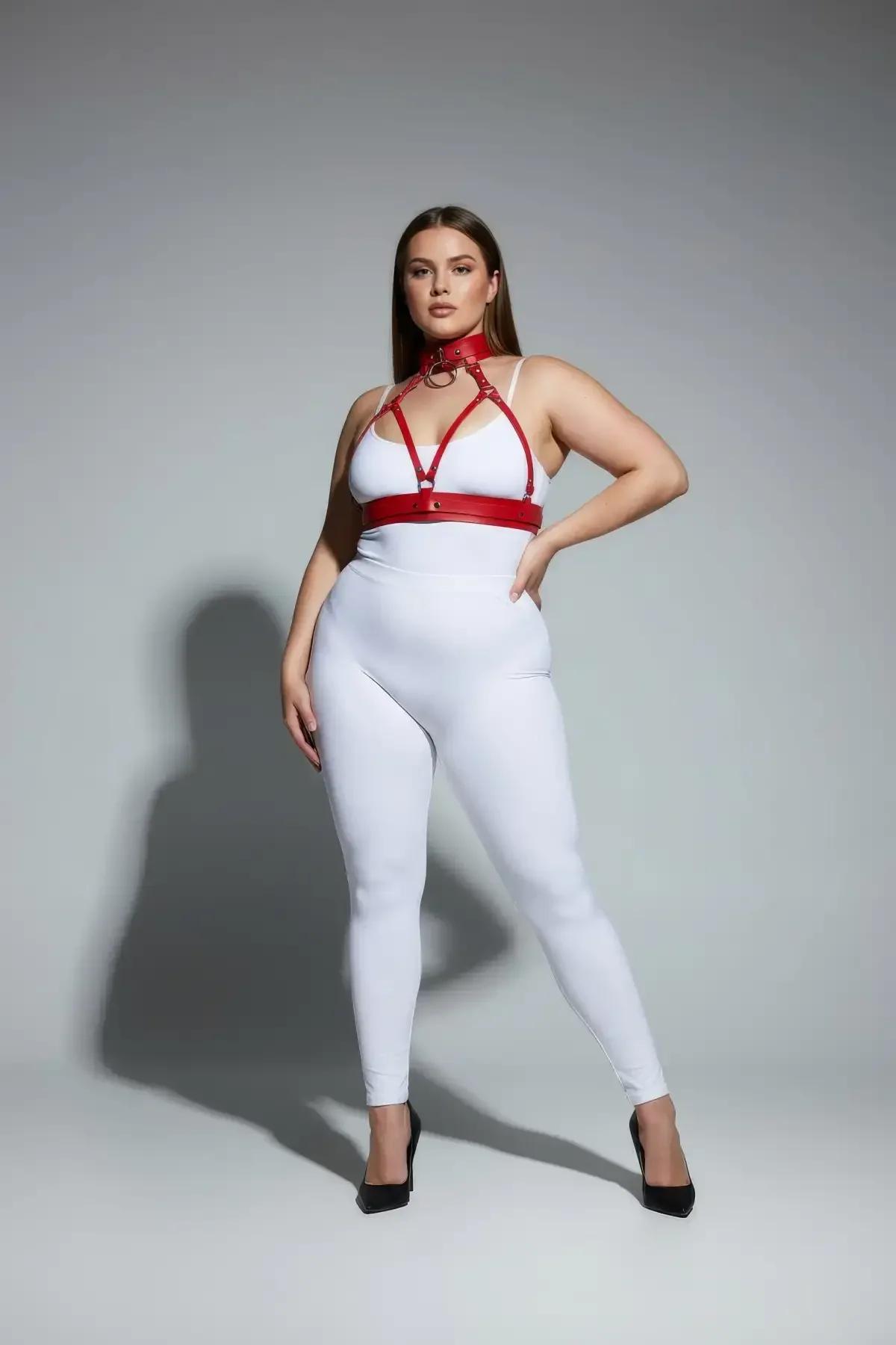 kırmızı harness bel bandı 8 cm genişlik büyük beden silüet önden görünüm
